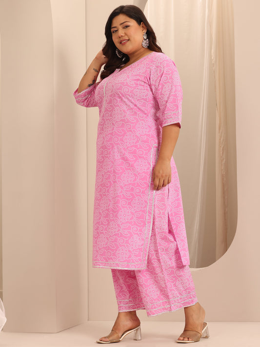 Plus Size Pink Printed Cotton Straight Suit Set With Dupatta