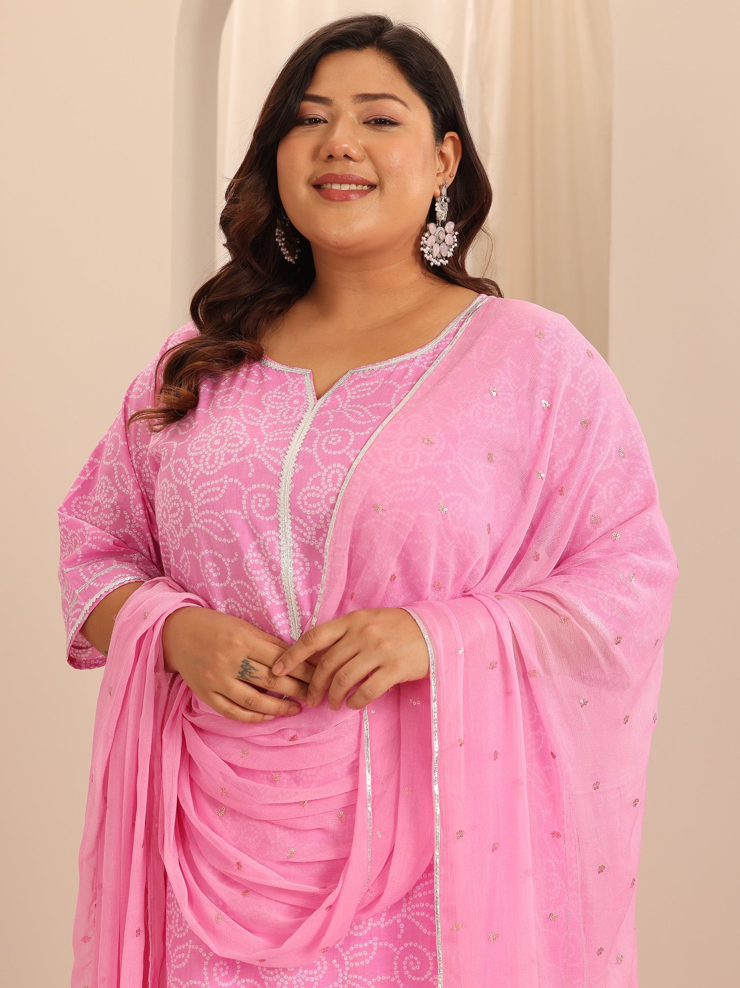 Plus Size Pink Printed Cotton Straight Suit Set With Dupatta