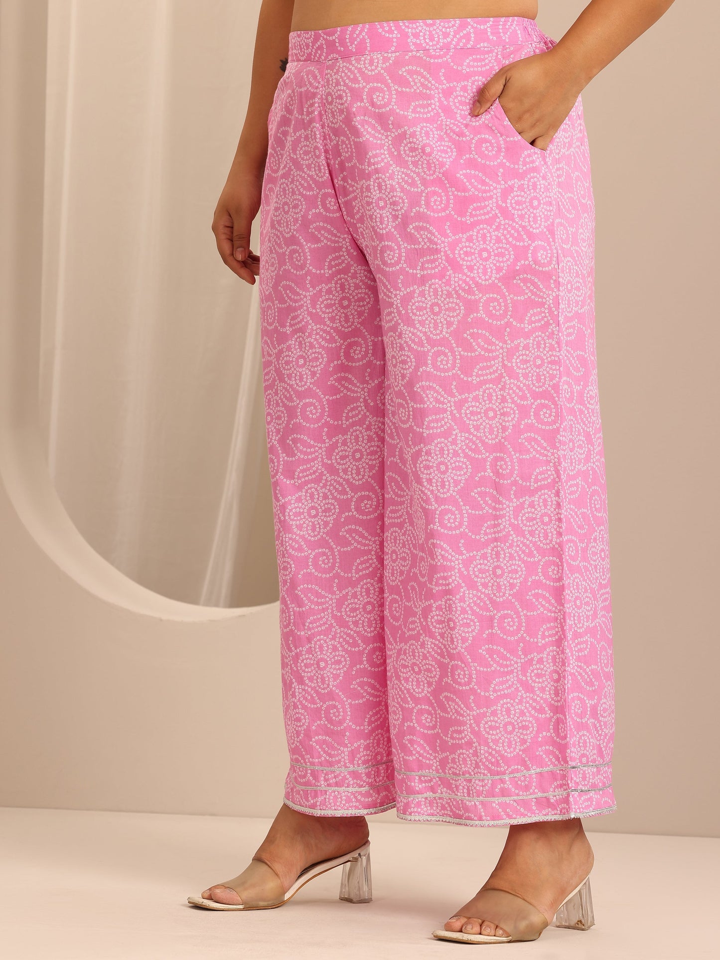Plus Size Pink Printed Cotton Straight Suit Set With Dupatta