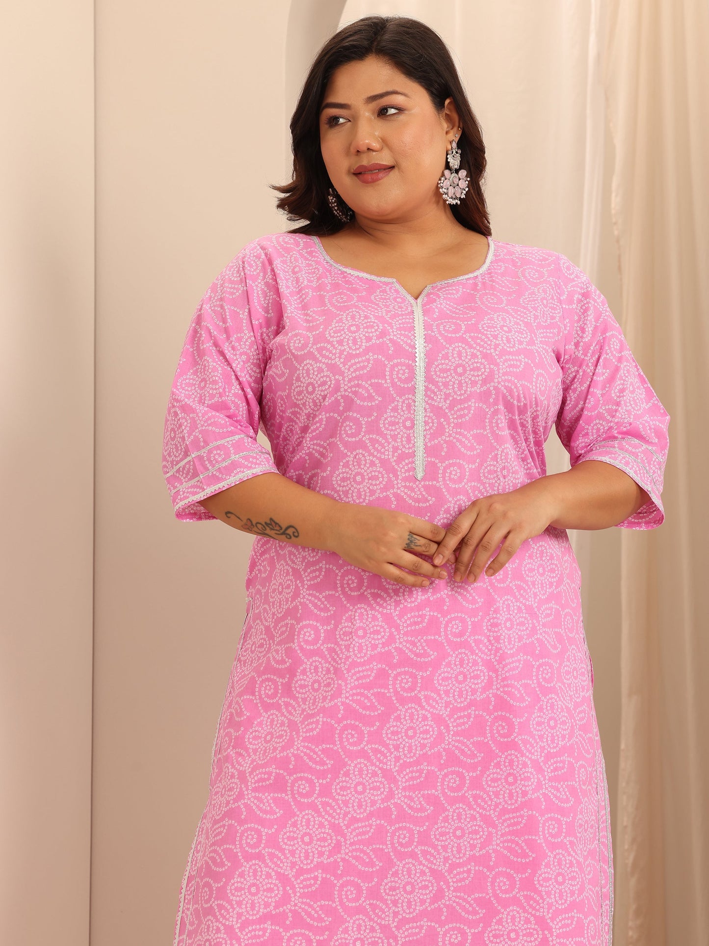 Plus Size Pink Printed Cotton Straight Suit Set With Dupatta