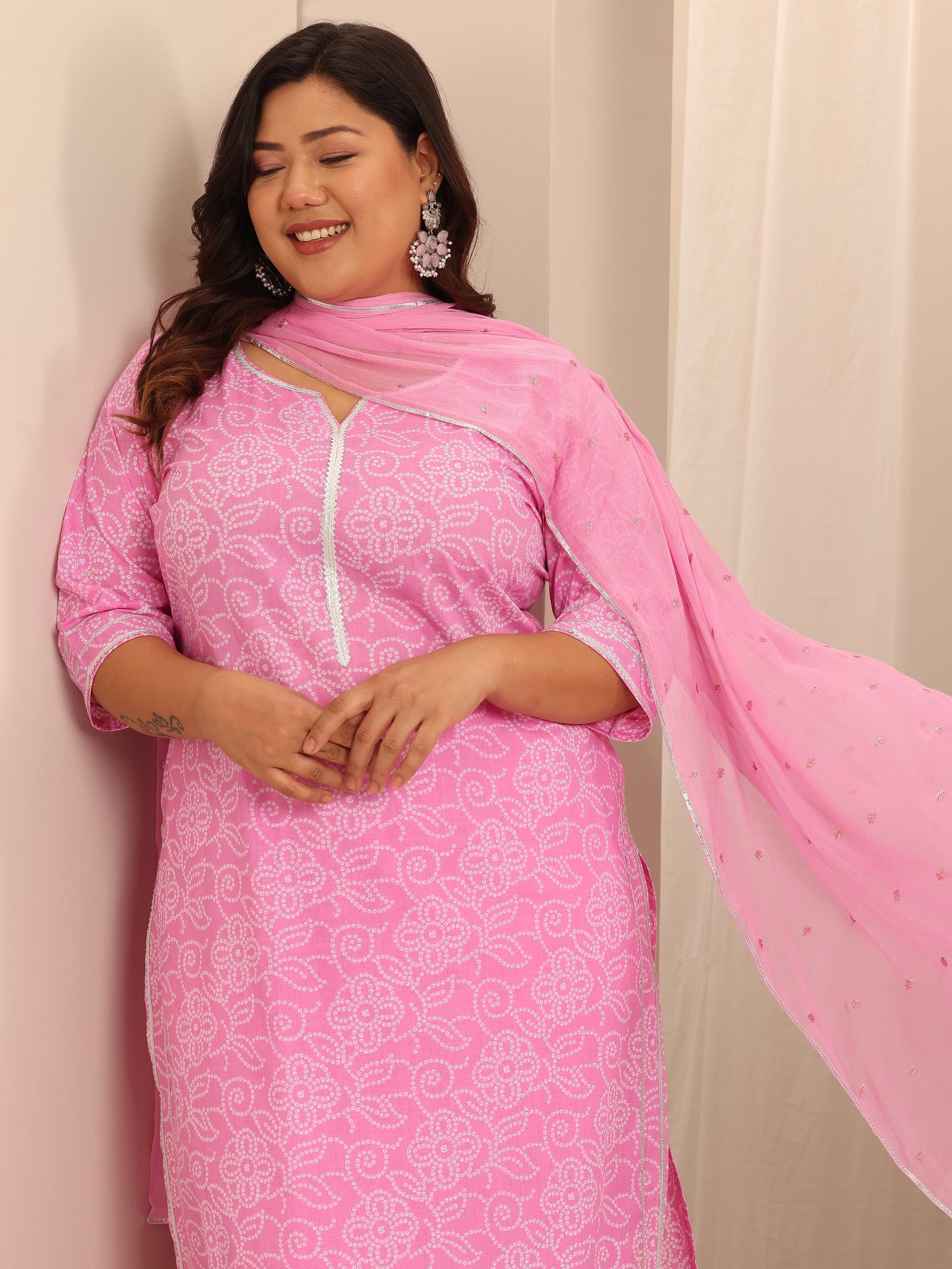 Plus Size Pink Printed Cotton Straight Suit Set With Dupatta