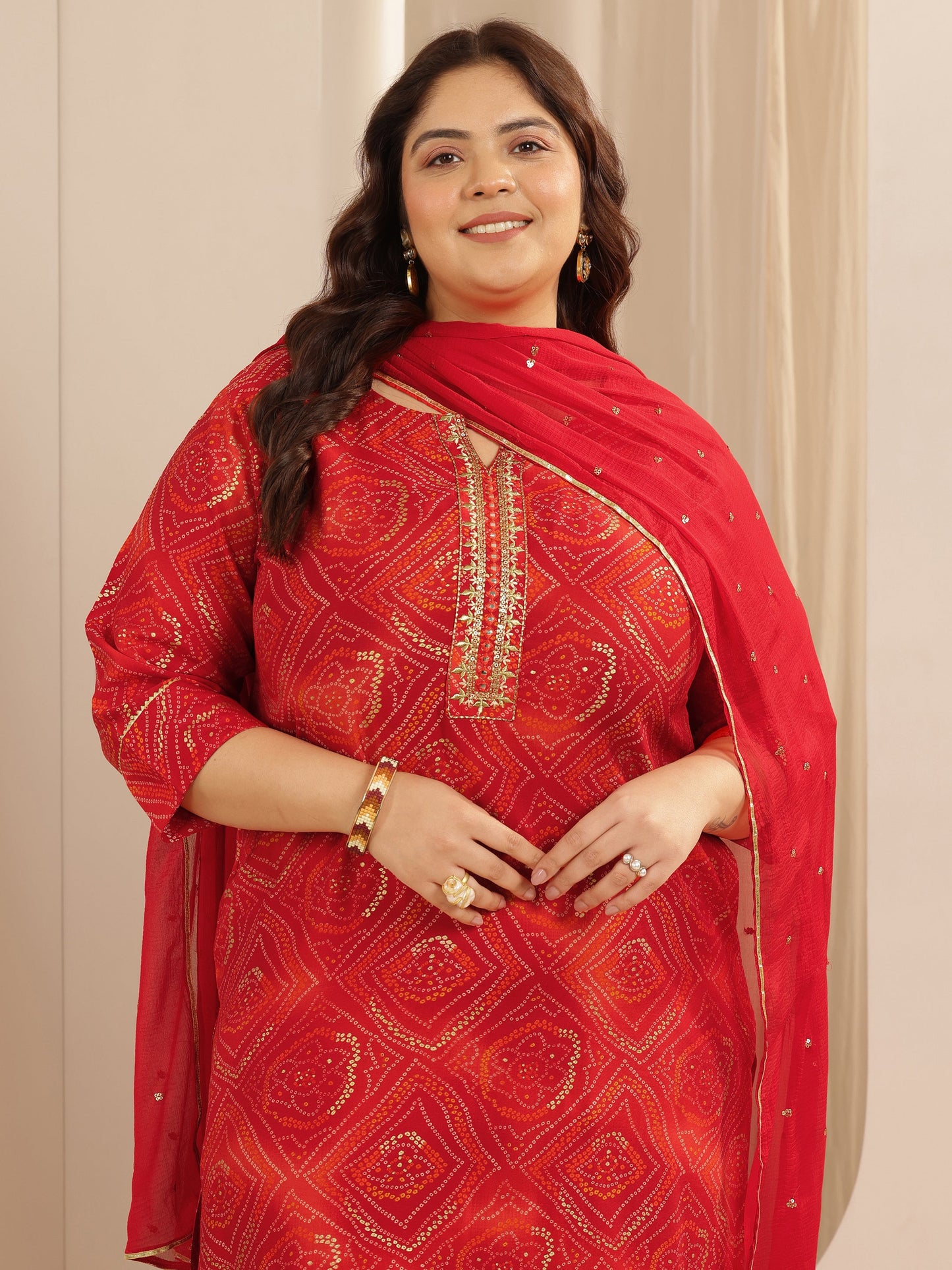 Plus Size Red Printed Silk blend Straight Suit Set With Dupatta