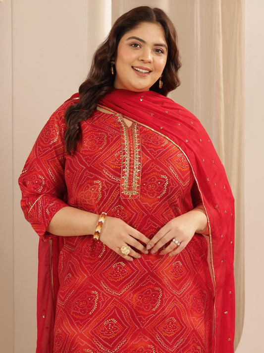 Plus Size Red Printed Silk blend Straight Suit Set With Dupatta