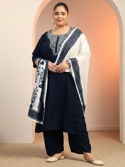 Plus Size Navy blue Yoke Design Viscose Straight Suit Set With Dupatta