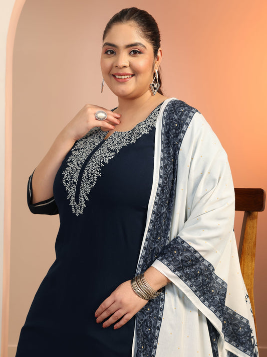 Plus Size Navy blue Yoke Design Viscose Straight Suit Set With Dupatta