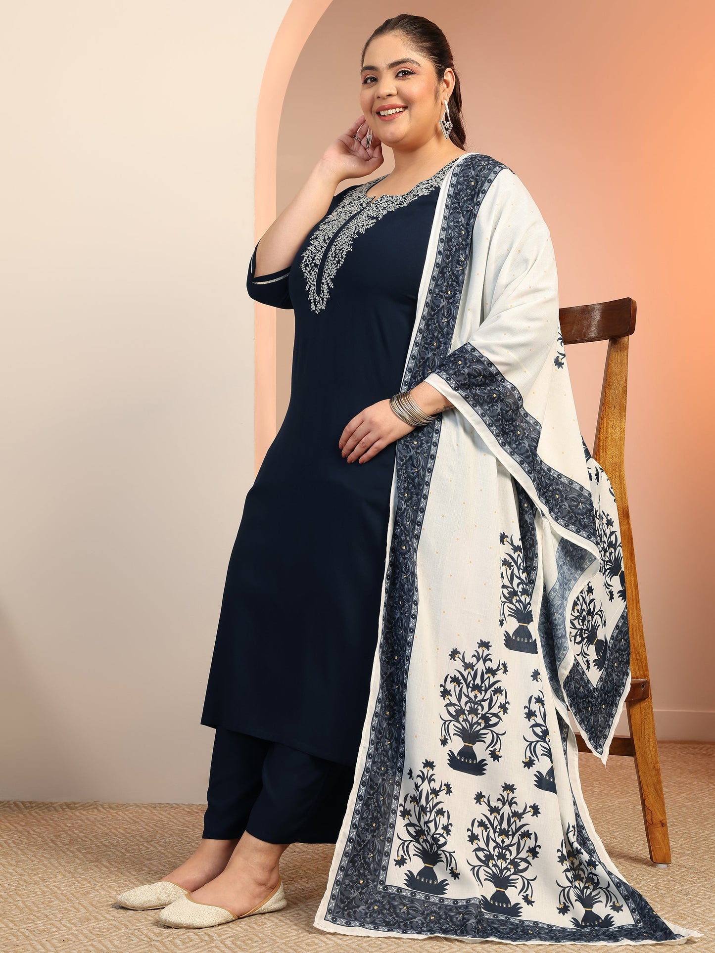 Plus Size Navy blue Yoke Design Viscose Straight Suit Set With Dupatta