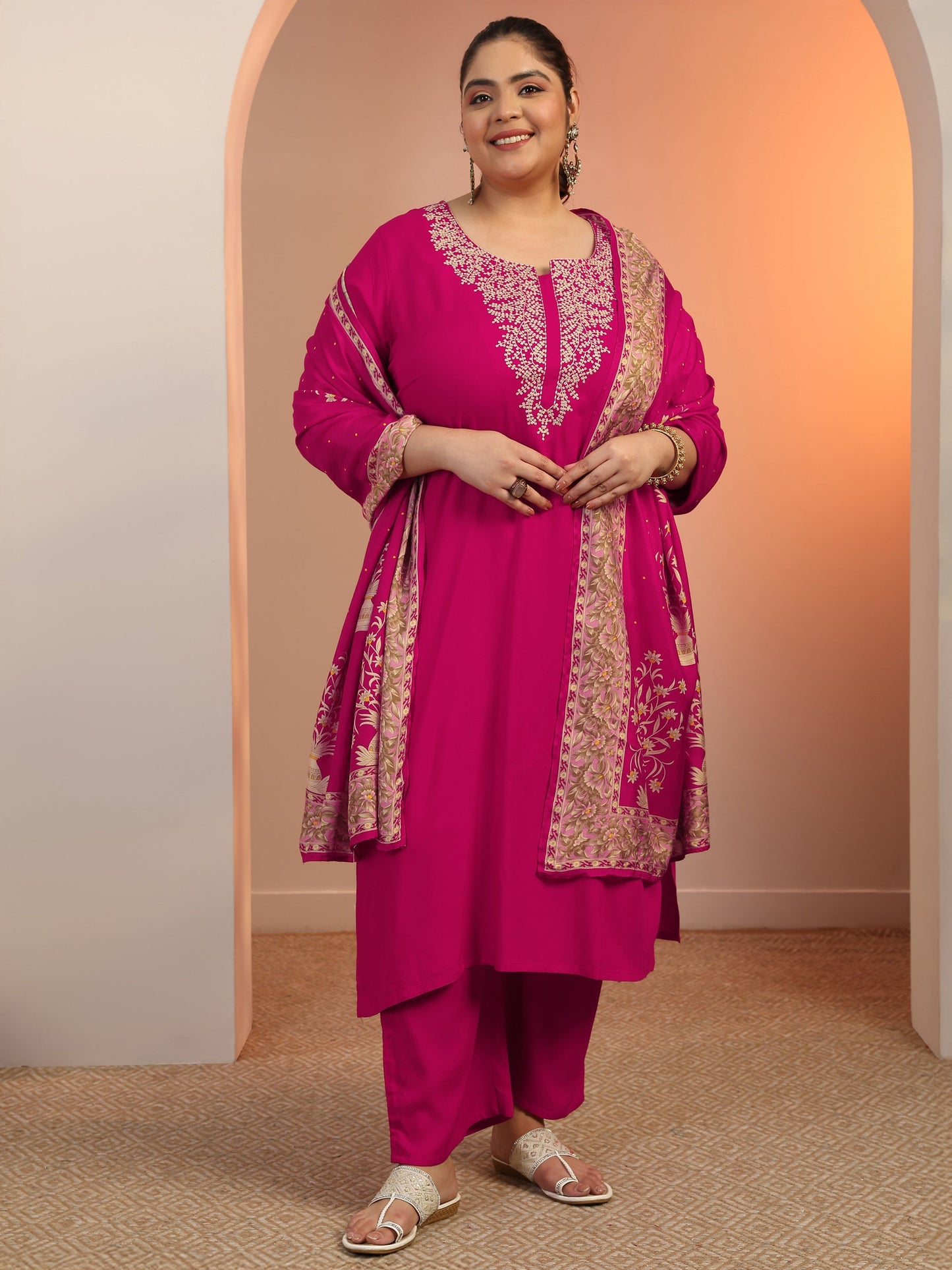 Plus Size Pink Yoke Design Viscose Straight Suit Set With Dupatta