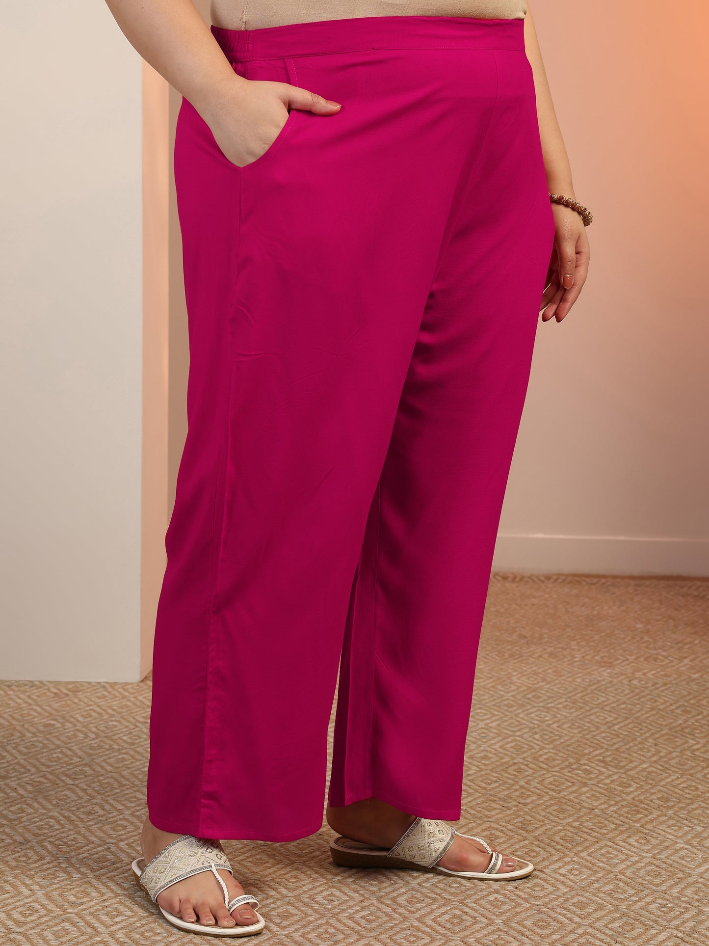 Plus Size Pink Yoke Design Viscose Straight Suit Set With Dupatta