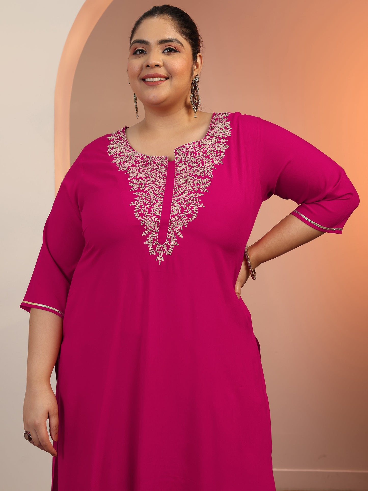 Plus Size Pink Yoke Design Viscose Straight Suit Set With Dupatta