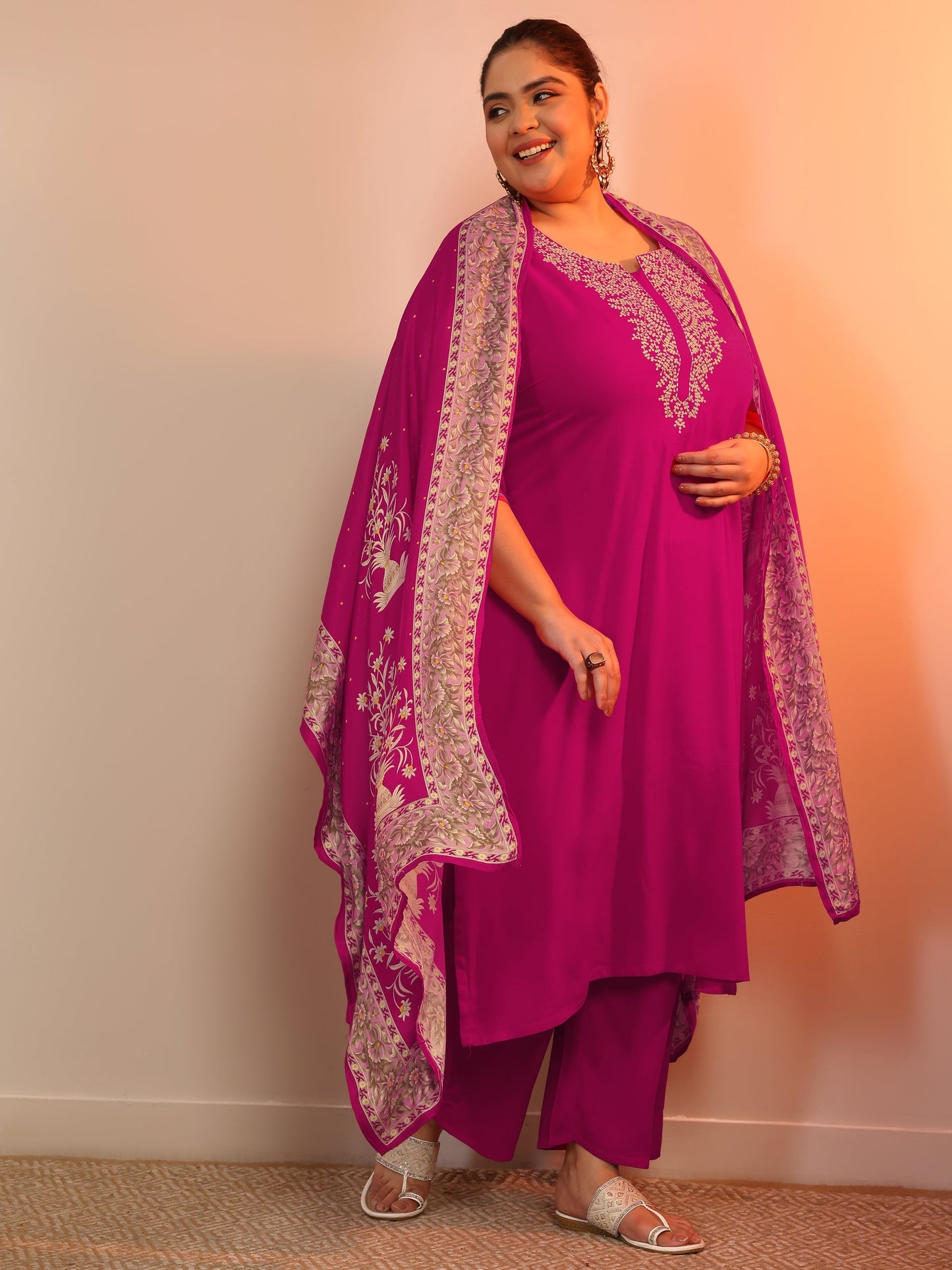 Plus Size Pink Yoke Design Viscose Straight Suit Set With Dupatta