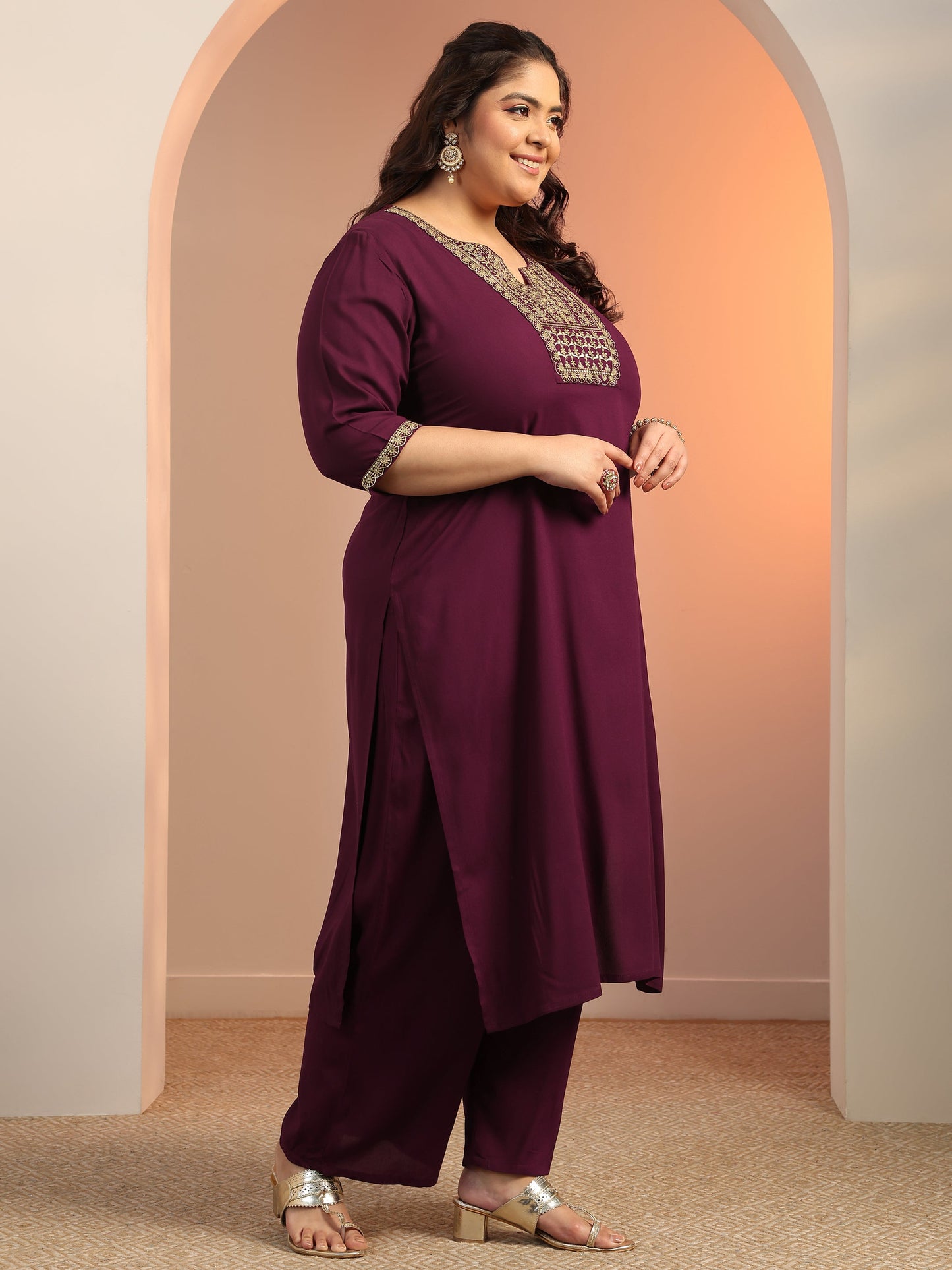 Plus Size Wine Yoke Design Viscose Straight Suit Set With Dupatta