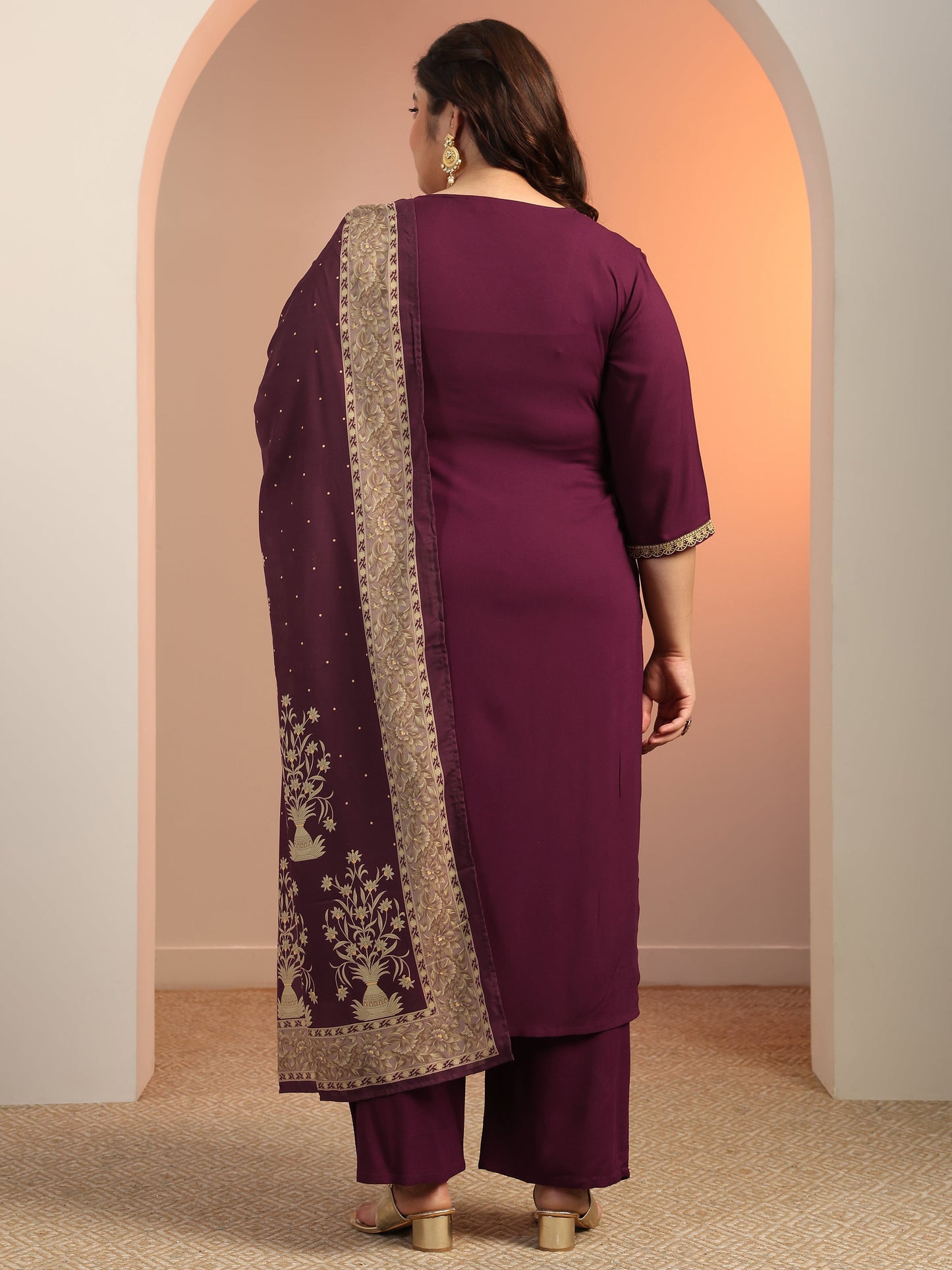 Plus Size Wine Yoke Design Viscose Straight Suit Set With Dupatta