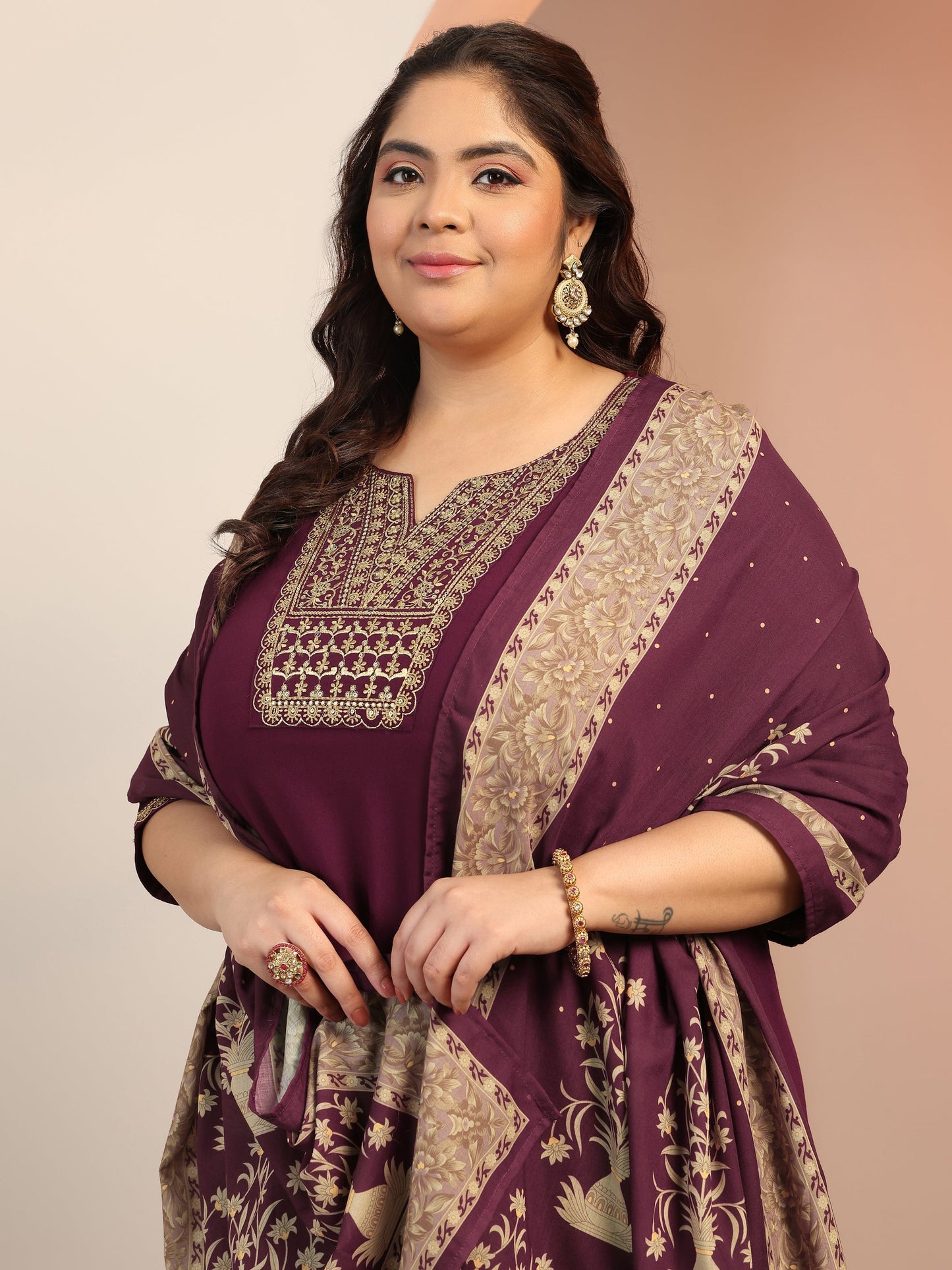 Plus Size Wine Yoke Design Viscose Straight Suit Set With Dupatta