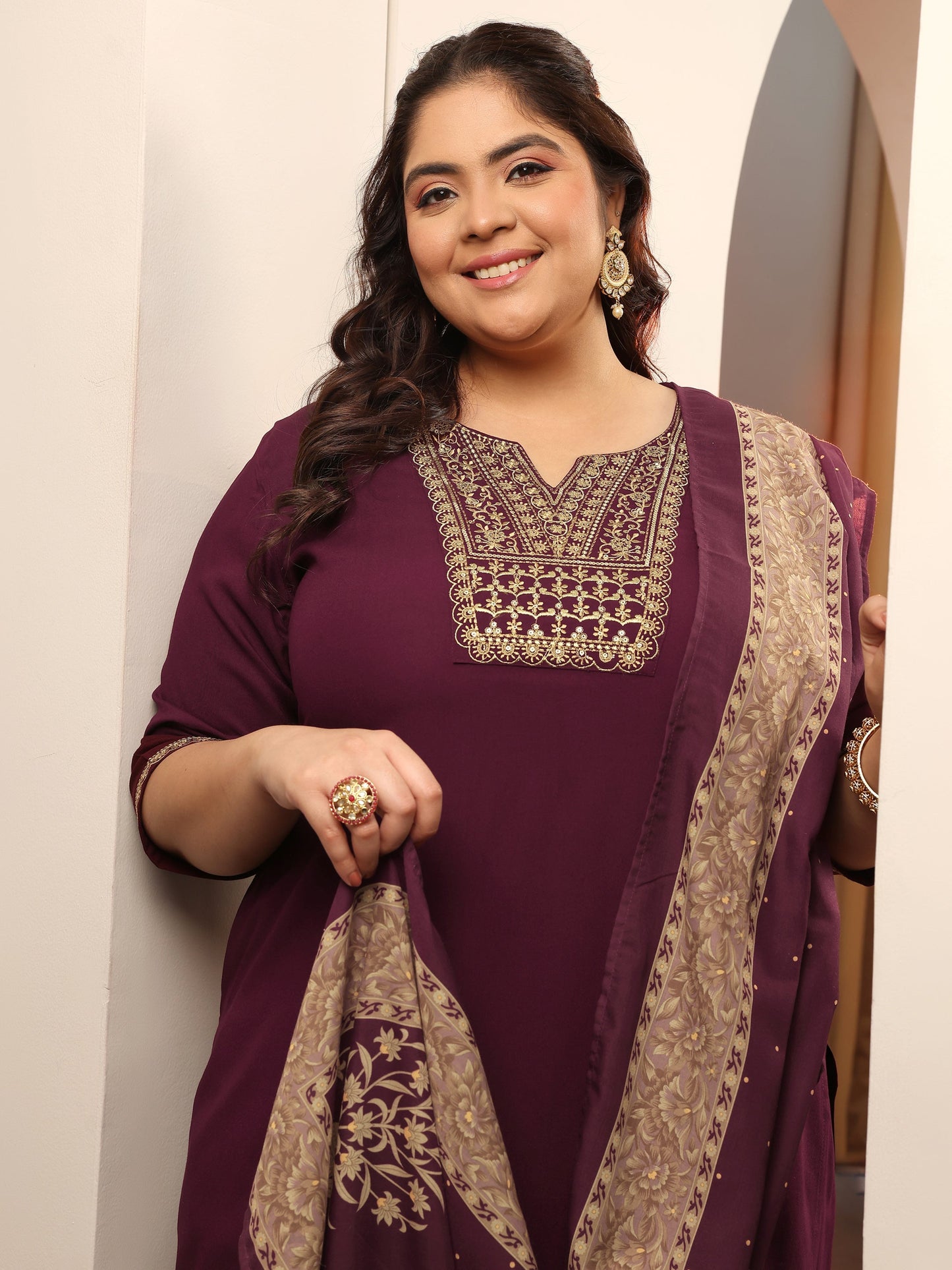 Plus Size Wine Yoke Design Viscose Straight Suit Set With Dupatta