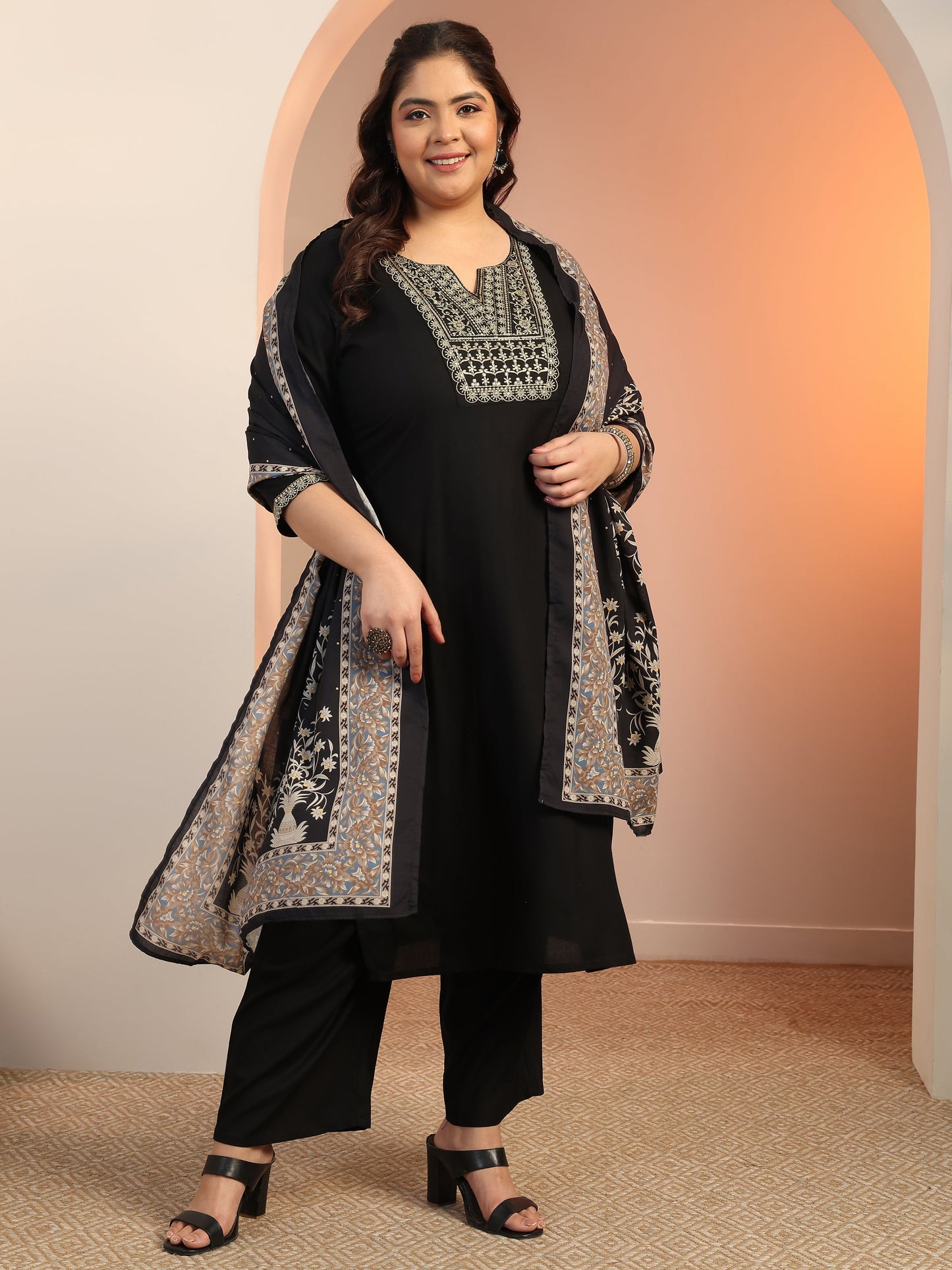 Plus Size Black Yoke Design Viscose Straight Suit Set With Dupatta