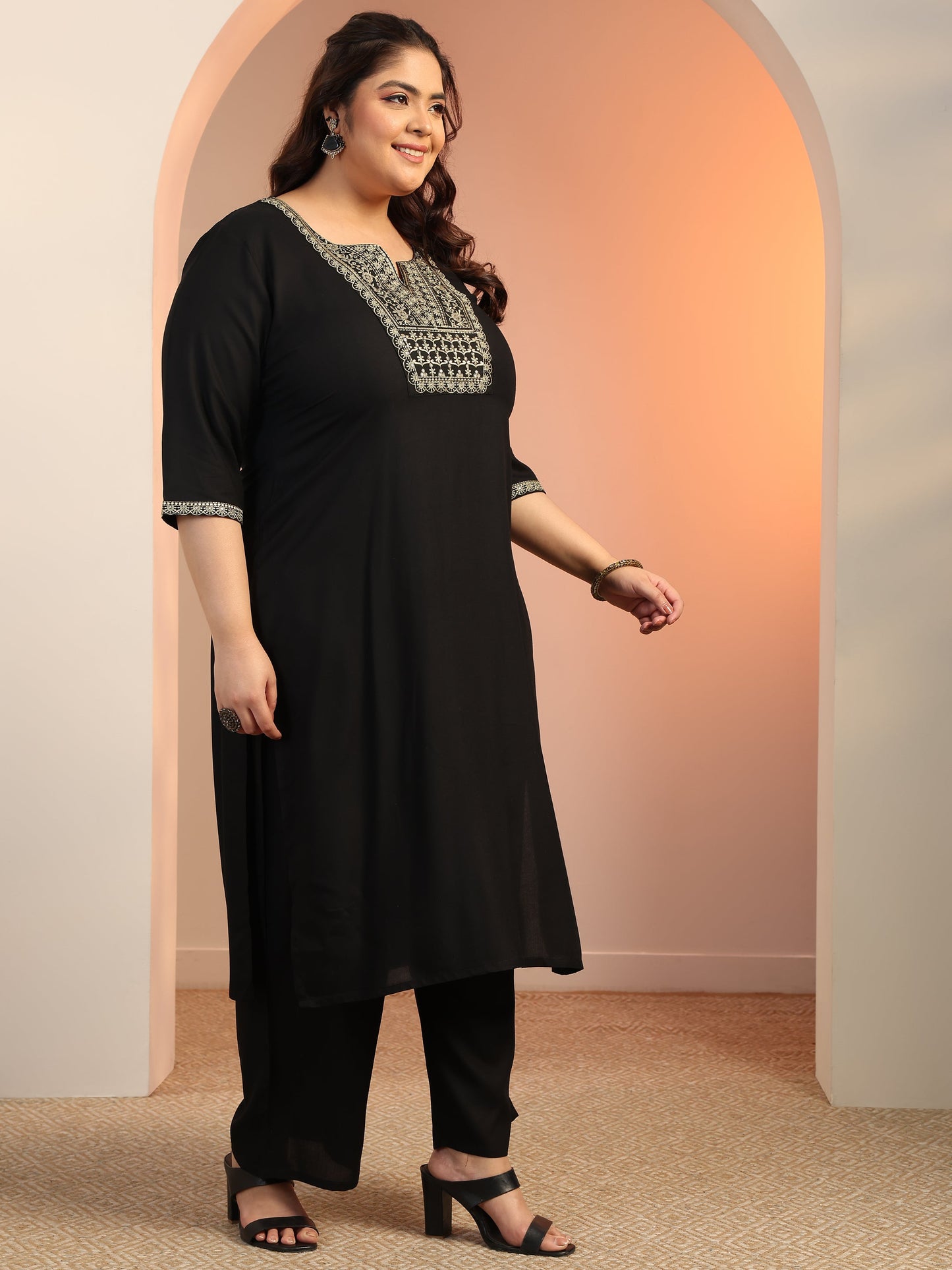 Plus Size Black Yoke Design Viscose Straight Suit Set With Dupatta