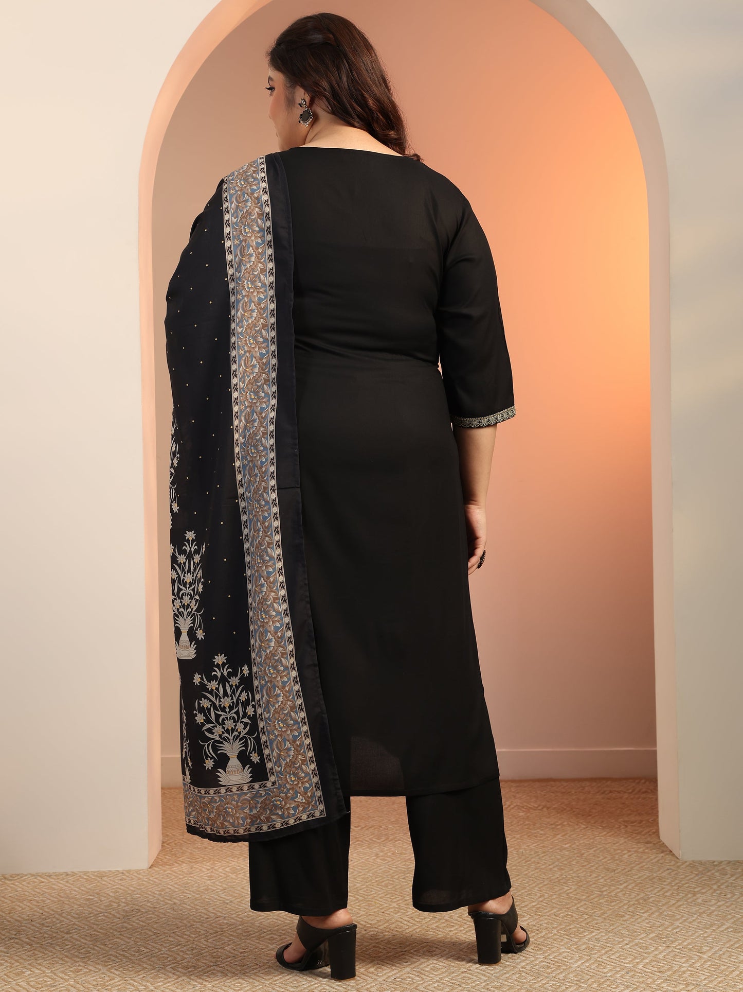 Plus Size Black Yoke Design Viscose Straight Suit Set With Dupatta