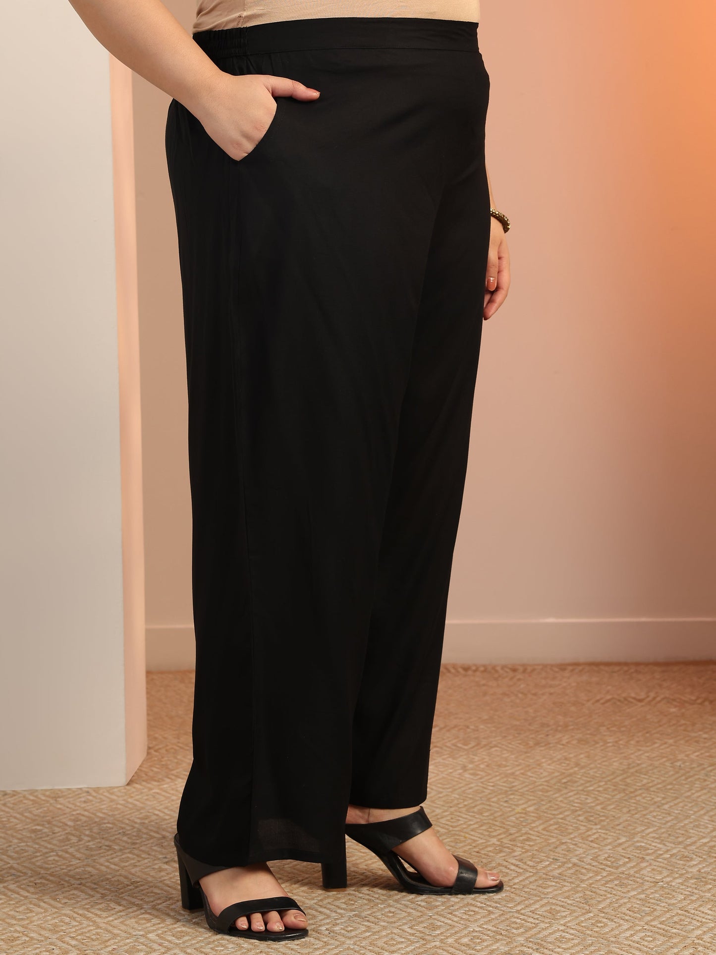 Plus Size Black Yoke Design Viscose Straight Suit Set With Dupatta