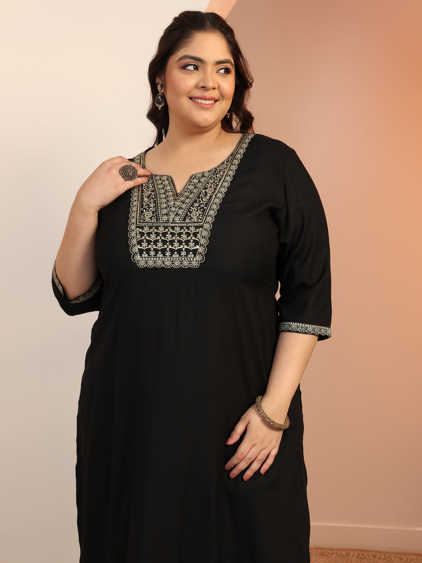 Plus Size Black Yoke Design Viscose Straight Suit Set With Dupatta