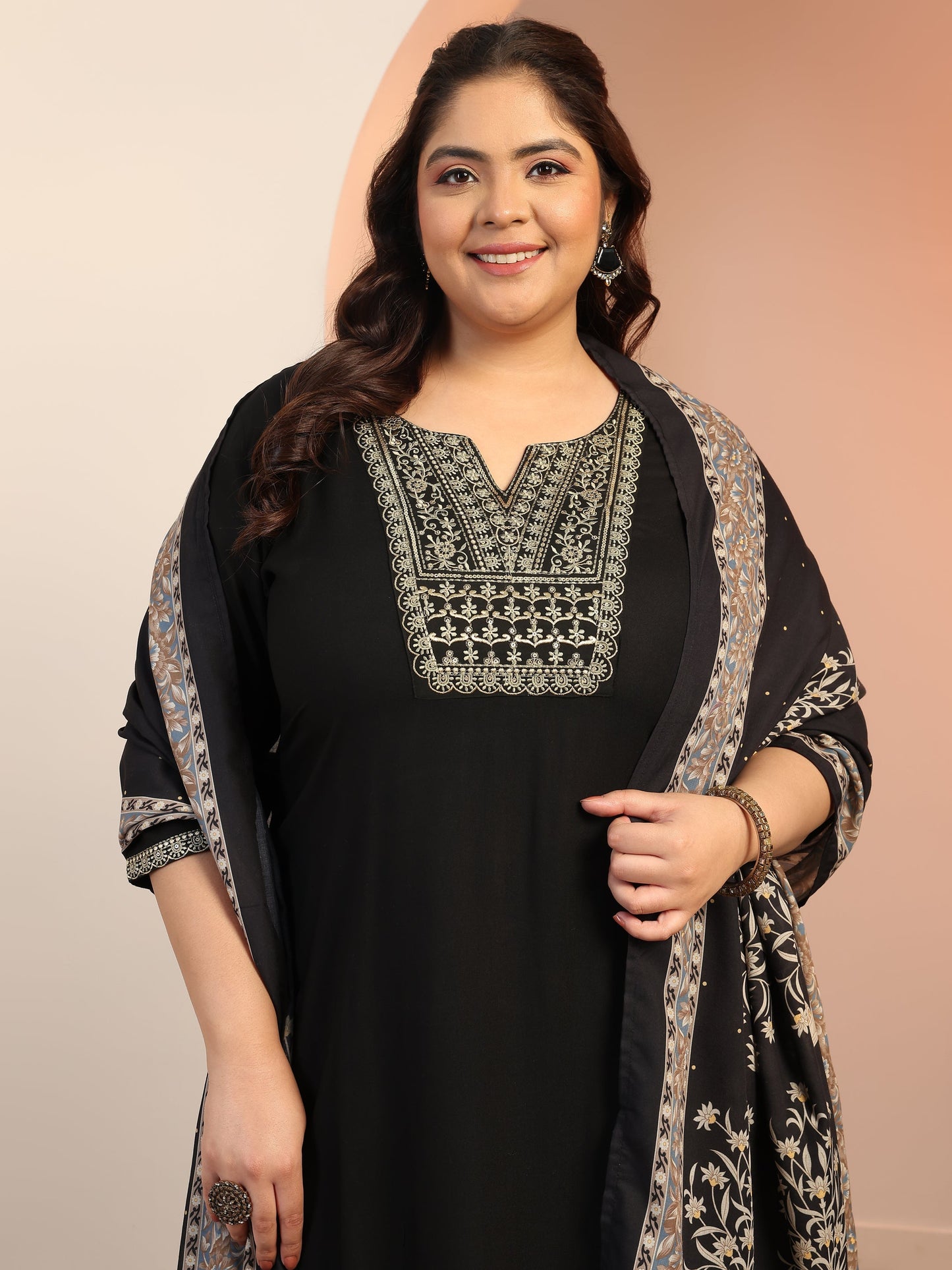 Plus Size Black Yoke Design Viscose Straight Suit Set With Dupatta