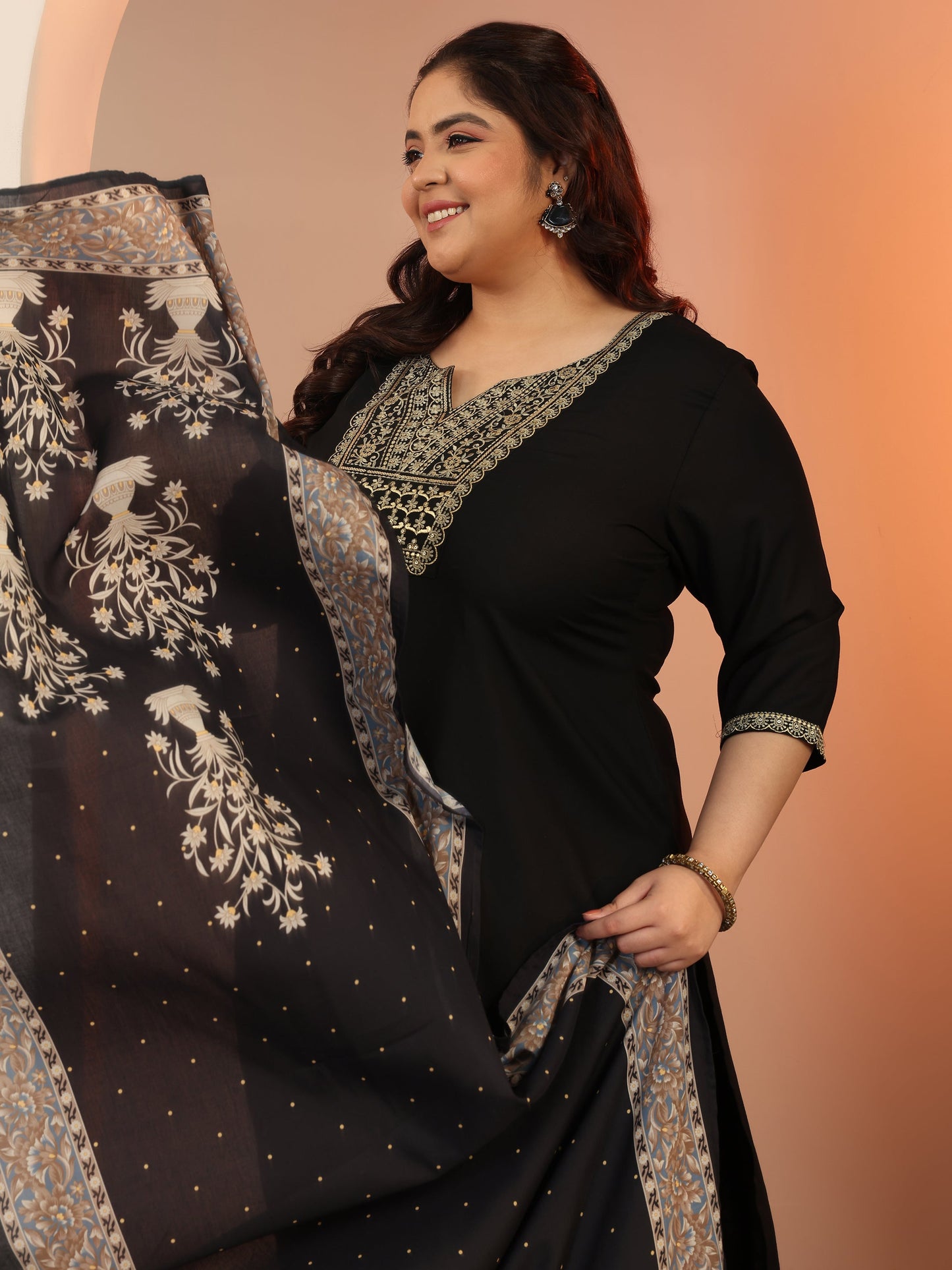 Plus Size Black Yoke Design Viscose Straight Suit Set With Dupatta