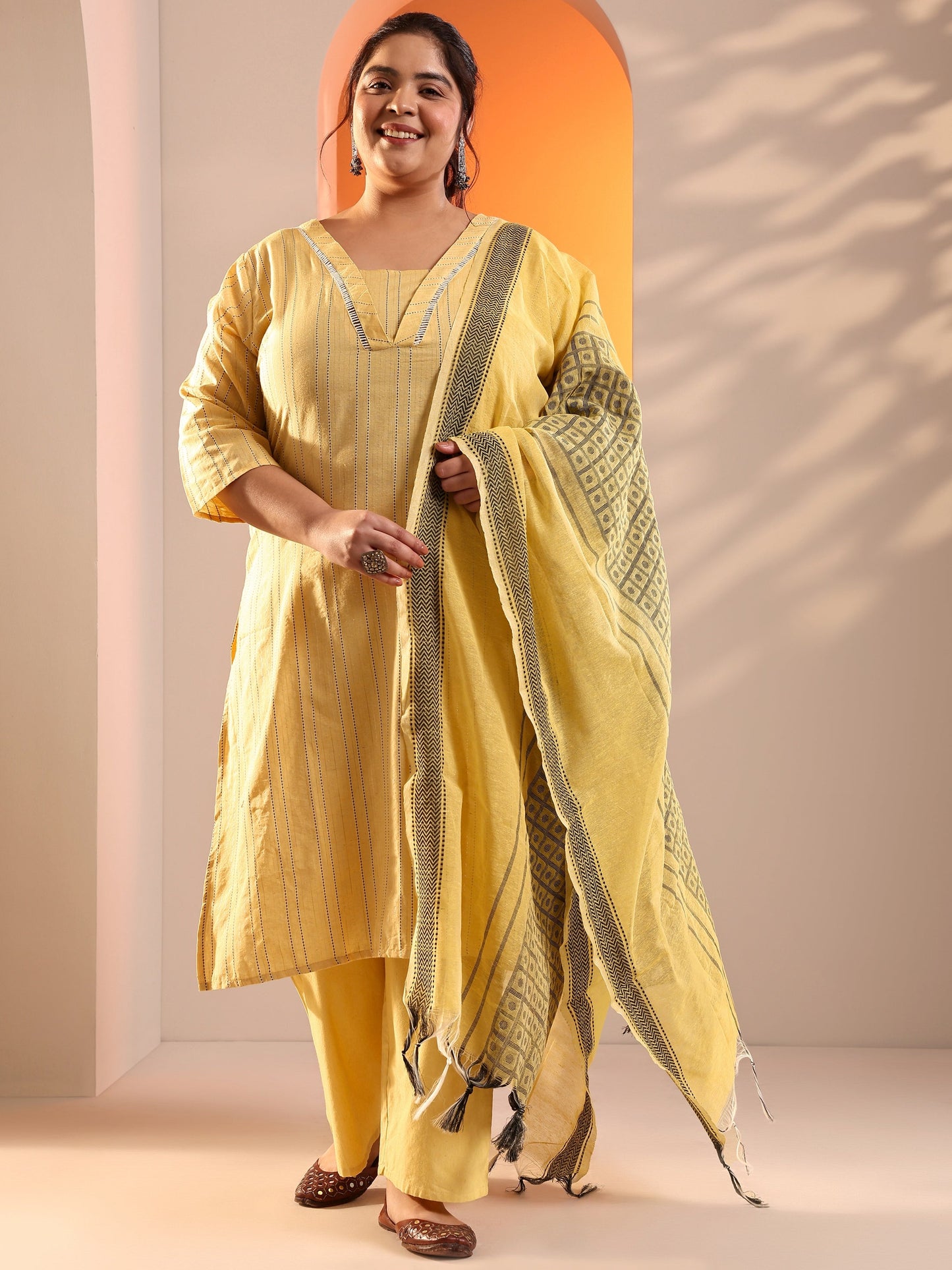 Plus Size Yellow Woven Design Cotton Blend Straight Suit Set With Dupatta