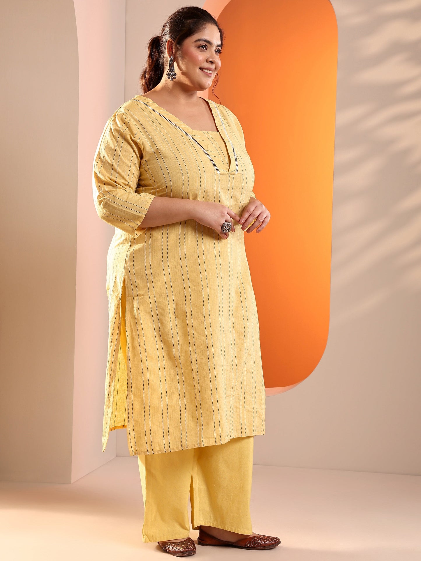 Plus Size Yellow Woven Design Cotton Blend Straight Suit Set With Dupatta