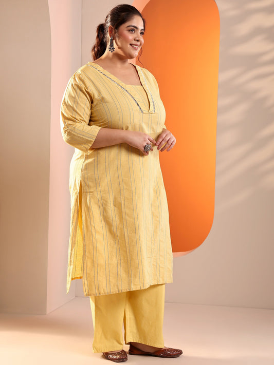 Plus Size Yellow Woven Design Cotton Blend Straight Suit Set With Dupatta