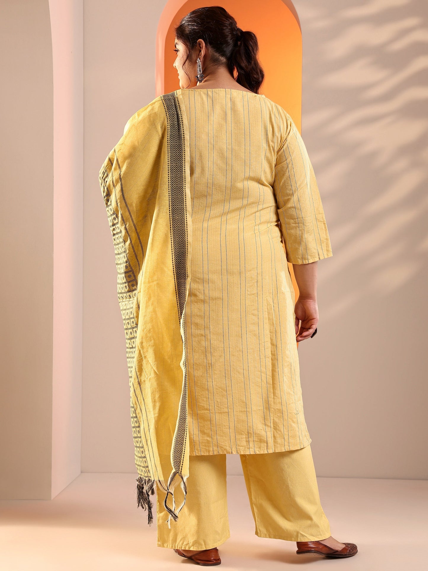 Plus Size Yellow Woven Design Cotton Blend Straight Suit Set With Dupatta