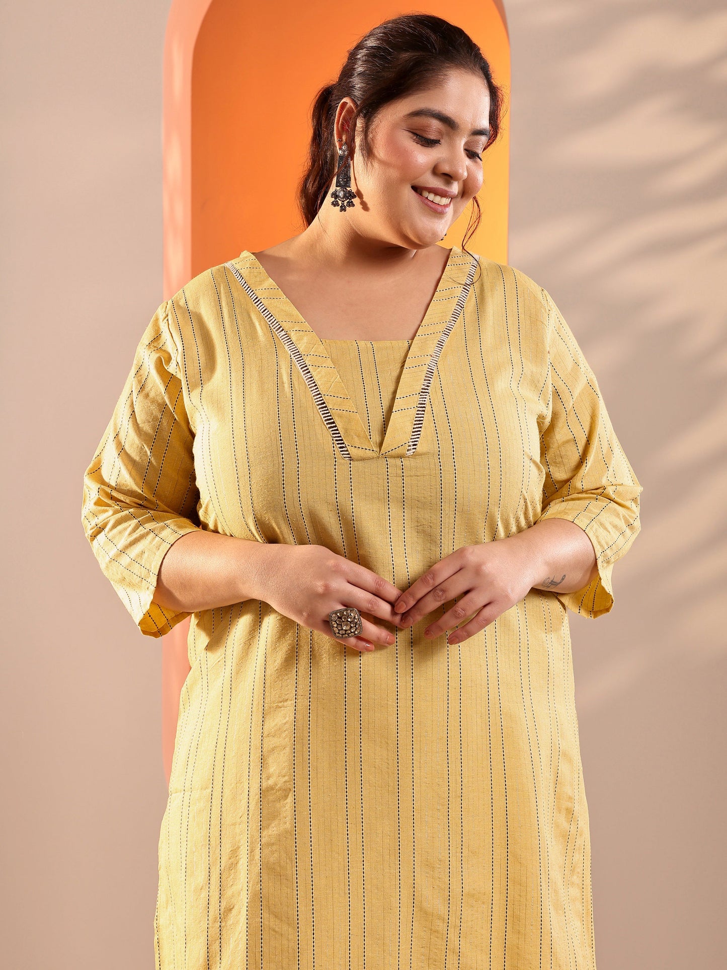 Plus Size Yellow Woven Design Cotton Blend Straight Suit Set With Dupatta