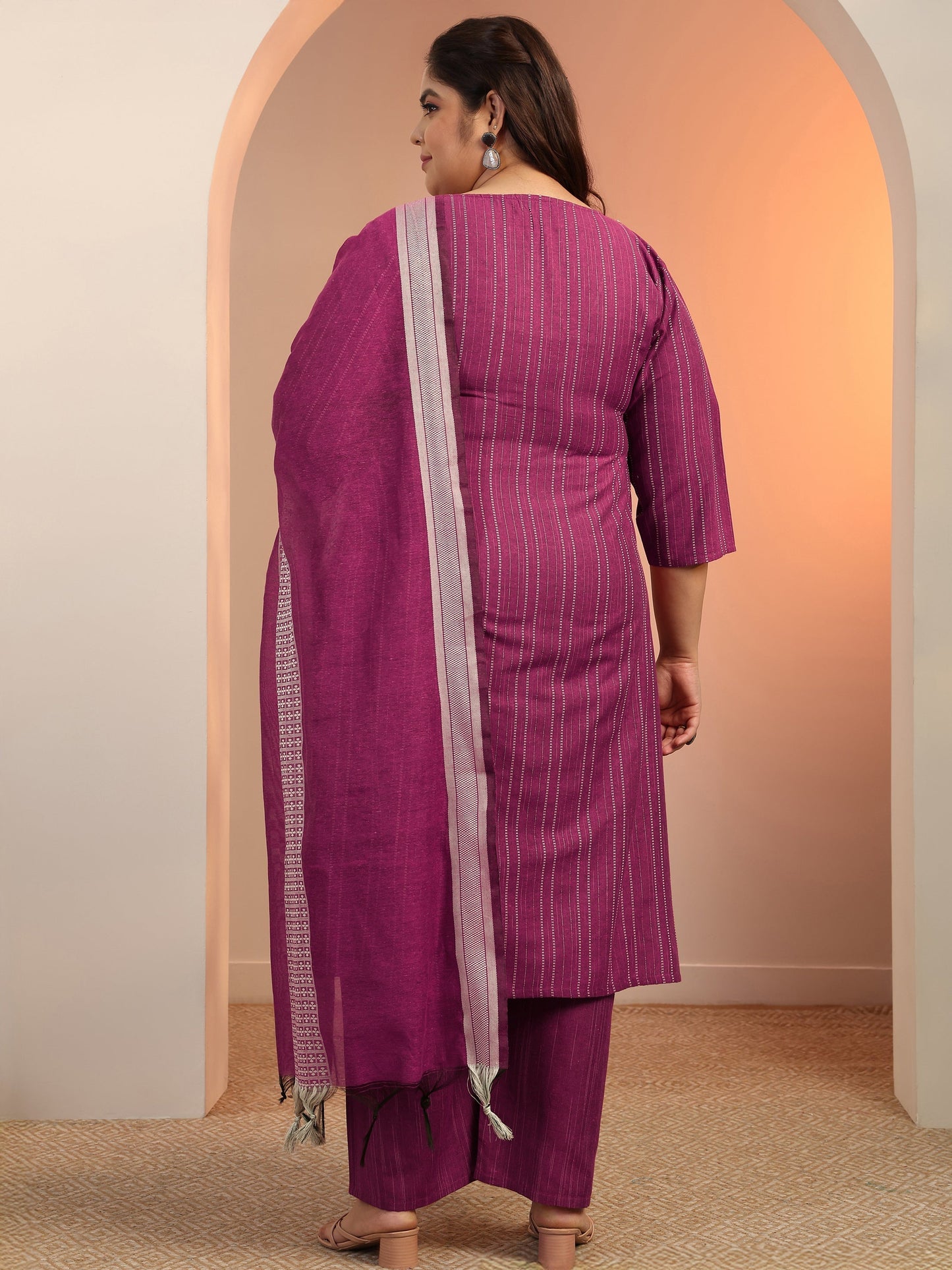 Plus Size Magenta Pink Woven Design cotton blend Straight Suit Set With Dupatta
