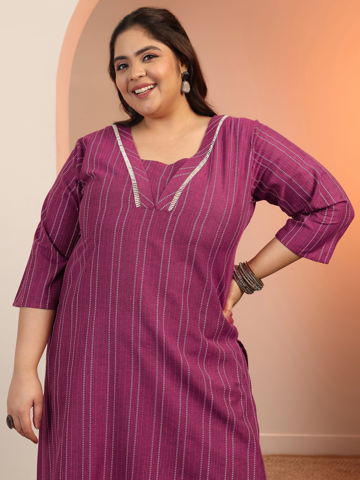 Plus Size Magenta Pink Woven Design cotton blend Straight Suit Set With Dupatta