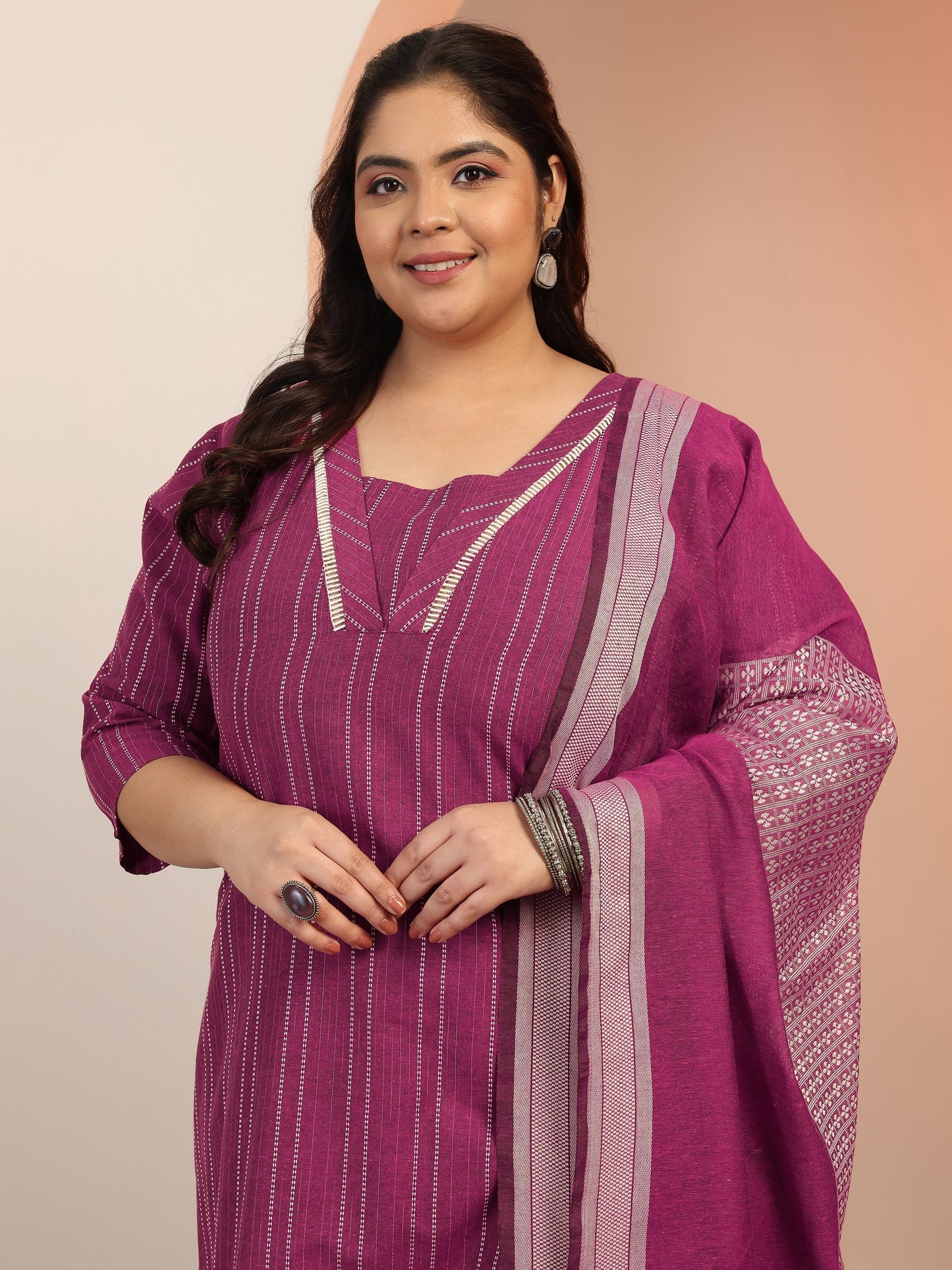 Plus Size Magenta Pink Woven Design cotton blend Straight Suit Set With Dupatta