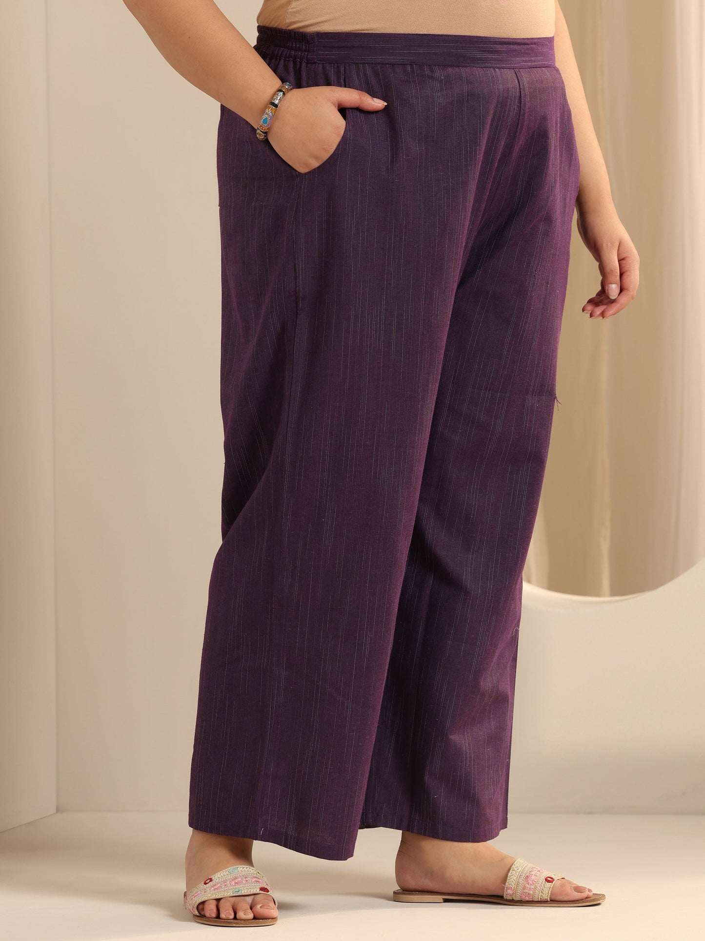 Plus Size Purple Woven Design Cotton Blend Straight Suit Set With Dupatta
