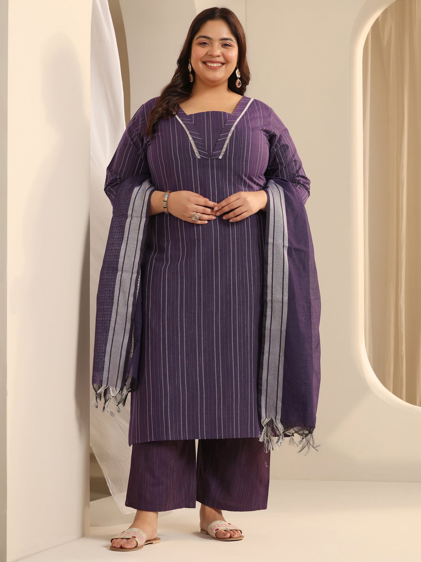 Plus Size Purple Woven Design Cotton Blend Straight Suit Set With Dupatta