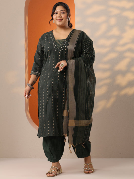 Plus Size Green Woven Design Cotton Blend Straight Suit Set With Dupatta