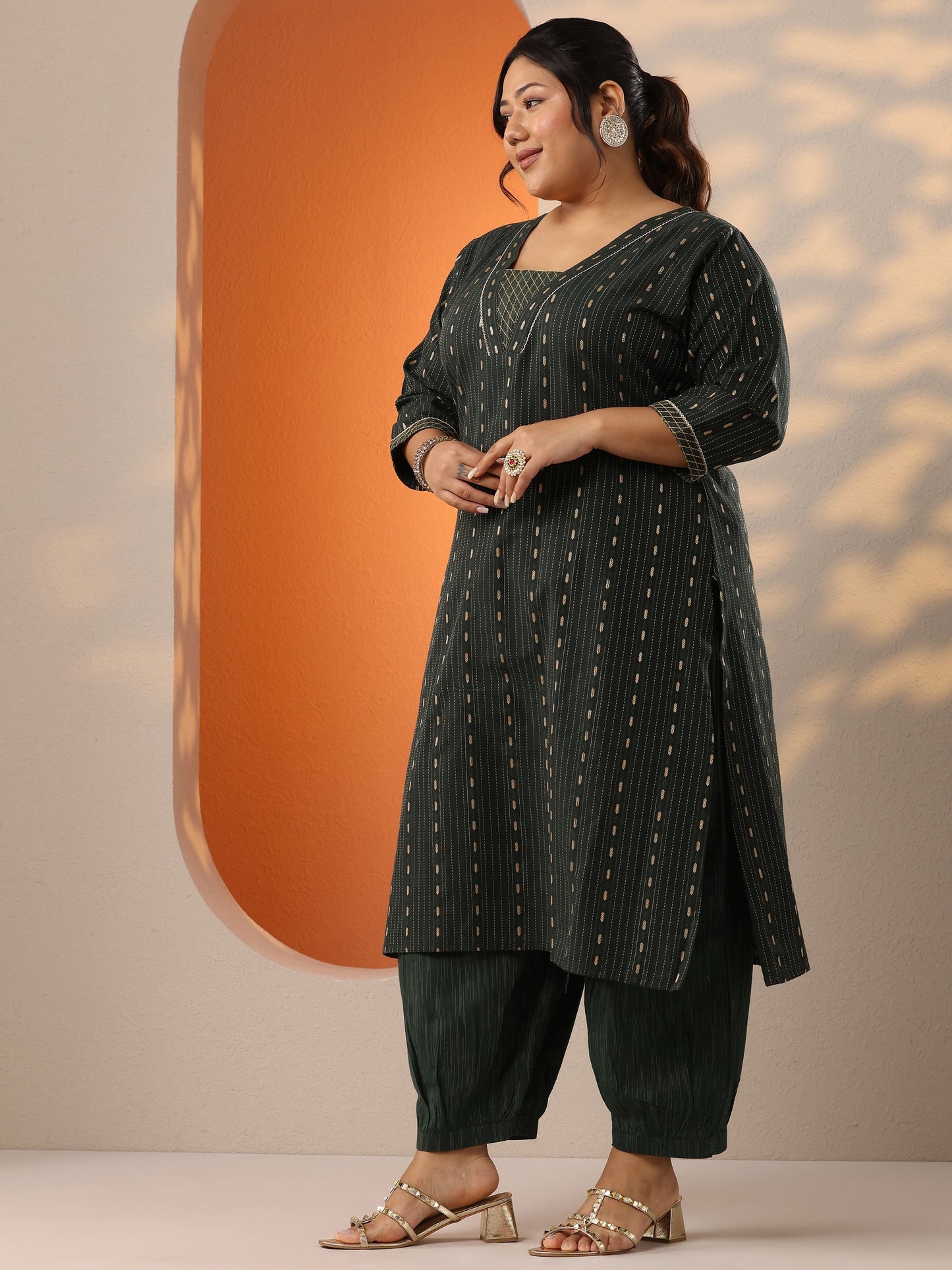 Plus Size Green Woven Design Cotton Blend Straight Suit Set With Dupatta