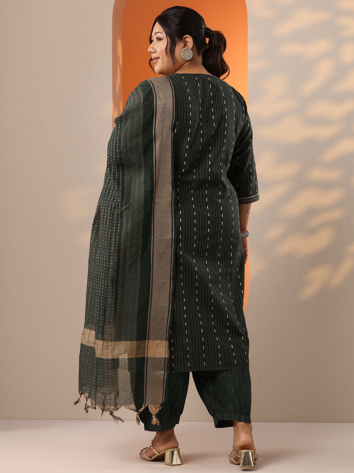 Plus Size Green Woven Design Cotton Blend Straight Suit Set With Dupatta
