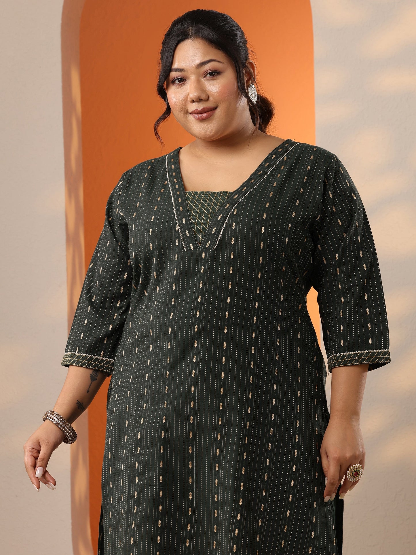 Plus Size Green Woven Design Cotton Blend Straight Suit Set With Dupatta