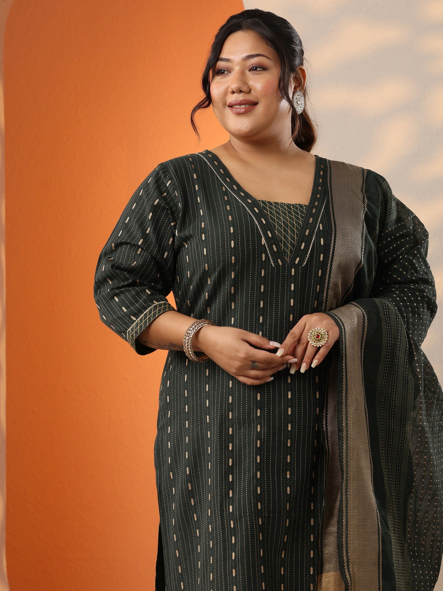 Plus Size Green Woven Design Cotton Blend Straight Suit Set With Dupatta