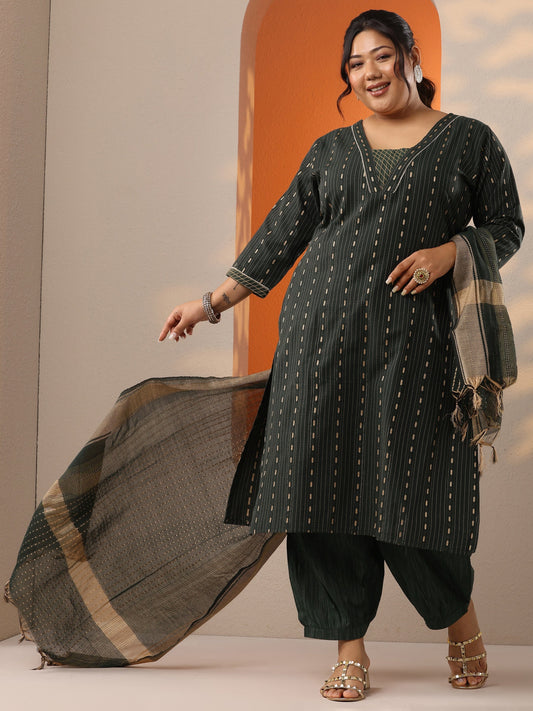 Plus Size Green Woven Design Cotton Blend Straight Suit Set With Dupatta