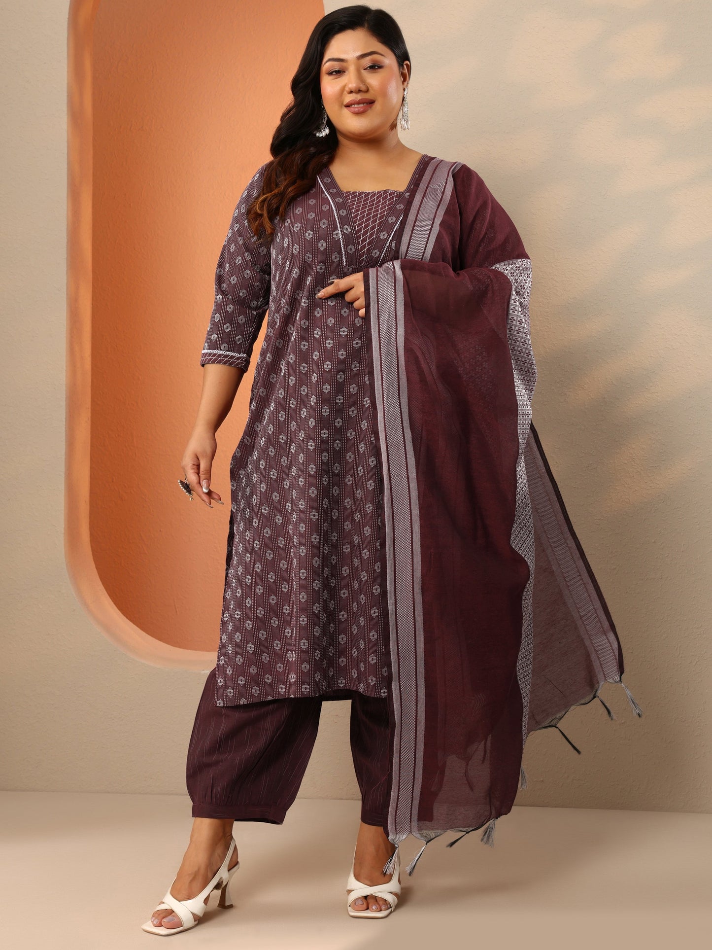 Plus Size Maroon Woven Design Cotton Blend Straight Suit Set With Dupatta