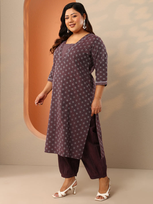 Plus Size Maroon Woven Design Cotton Blend Straight Suit Set With Dupatta