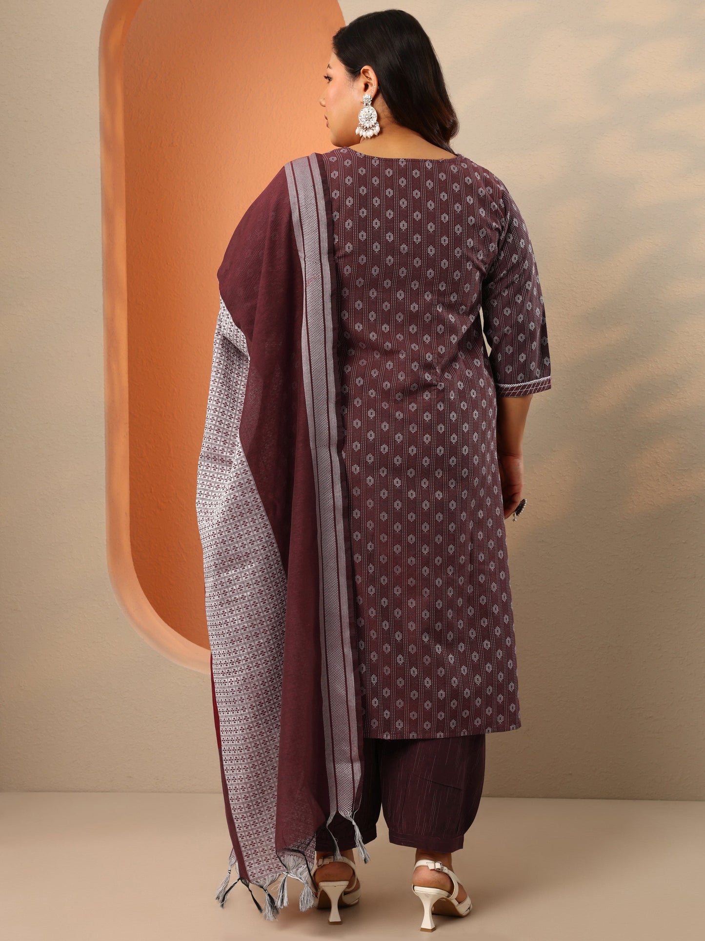 Plus Size Maroon Woven Design Cotton Blend Straight Suit Set With Dupatta