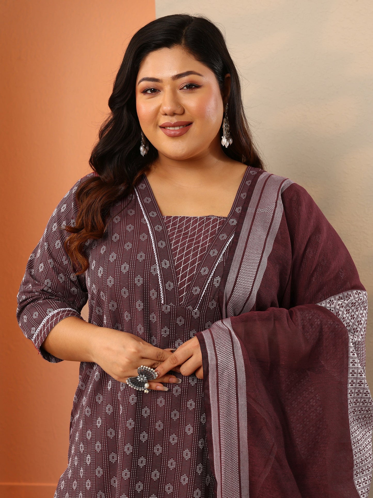 Plus Size Maroon Woven Design Cotton Blend Straight Suit Set With Dupatta