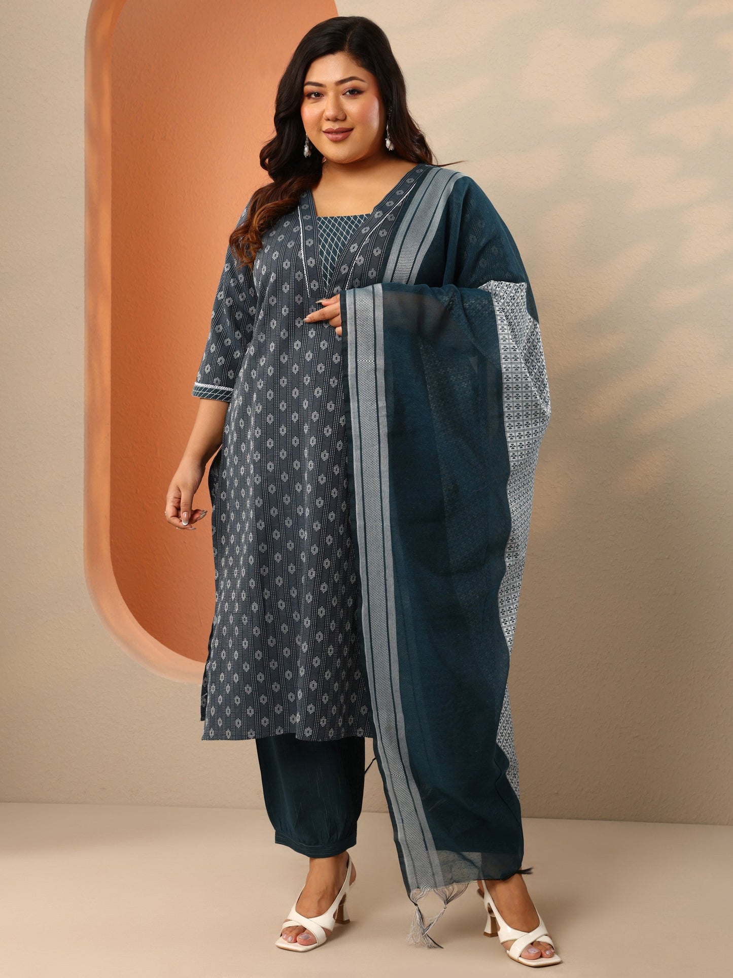Plus Size Teal Woven Design Cotton Blend Straight Suit Set With Dupatta