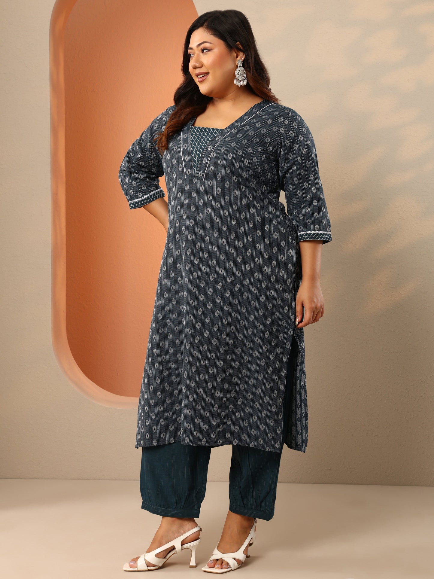 Plus Size Teal Woven Design Cotton Blend Straight Suit Set With Dupatta
