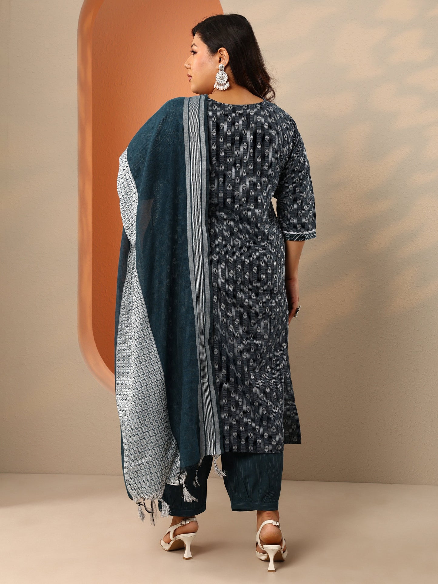 Plus Size Teal Woven Design Cotton Blend Straight Suit Set With Dupatta