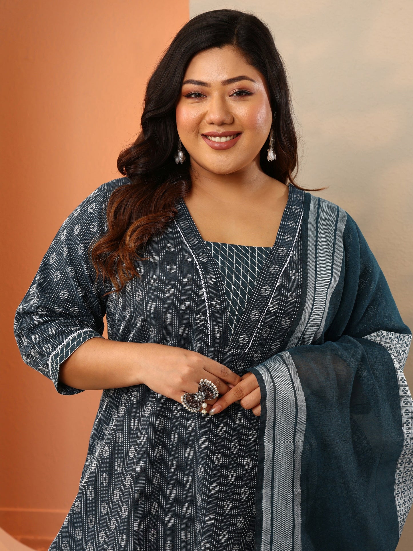 Plus Size Teal Woven Design Cotton Blend Straight Suit Set With Dupatta