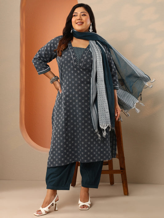 Plus Size Teal Woven Design Cotton Blend Straight Suit Set With Dupatta